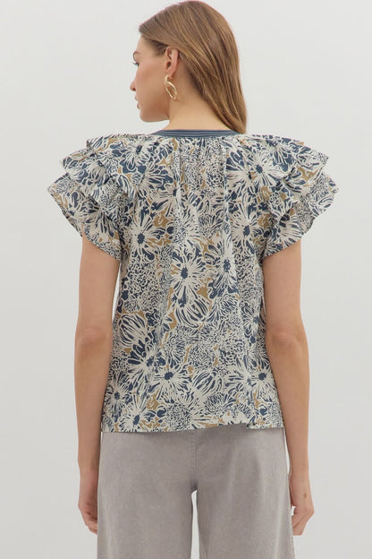 Fly Away Navy &amp; Taupe Floral Printed V-neck Top by Entro