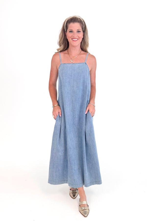Echo In The Clouds Denim A-Line Maxi Dress