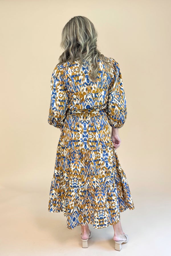 Steep Dreams Camel &amp; Blue Printed Puff Sleeve Midi Dress