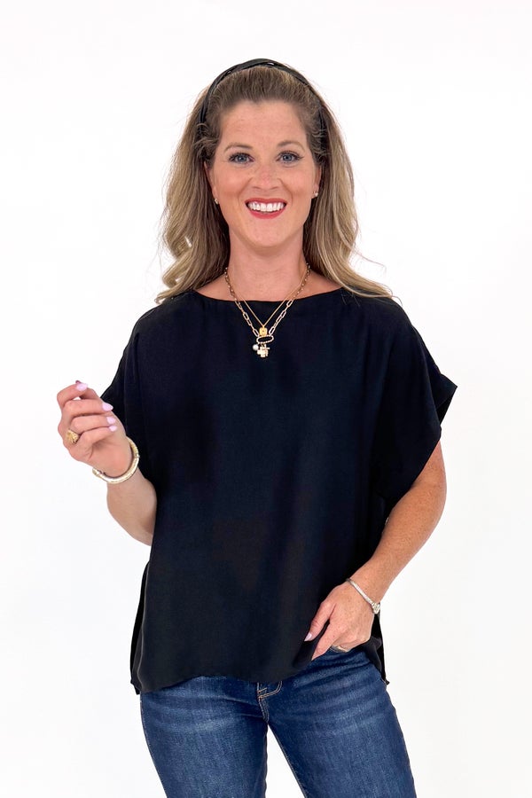 Fall Into Place Black Satin Boxy Top