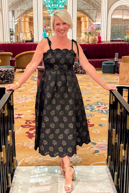 Brunch Besties Black With Gold Floral Scallop Hem Midi Dress by Entro