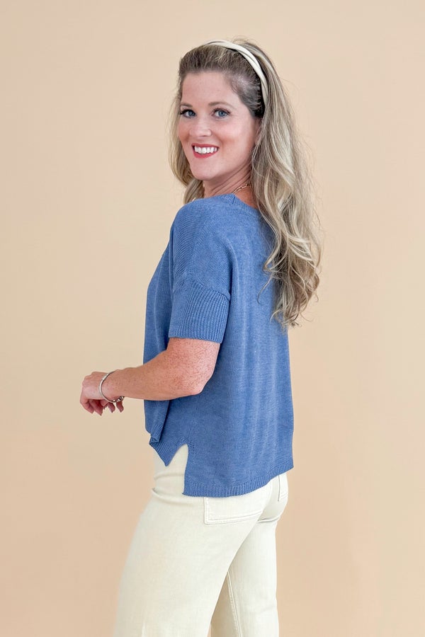 Cup Half Full Blue Boatneck Short Sleeve Sweater