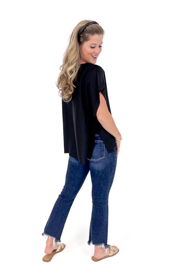 Fall Into Place Black Satin Boxy Top