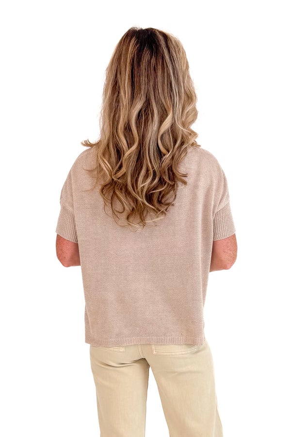 Cup Half Full Taupe Boatneck Short Sleeve Sweater