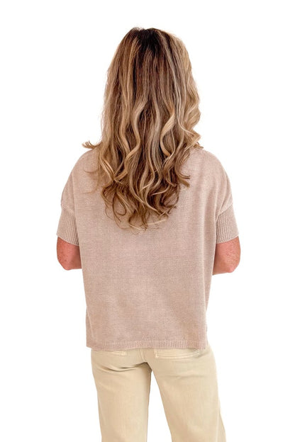 Cup Half Full Taupe Boatneck Short Sleeve Sweater