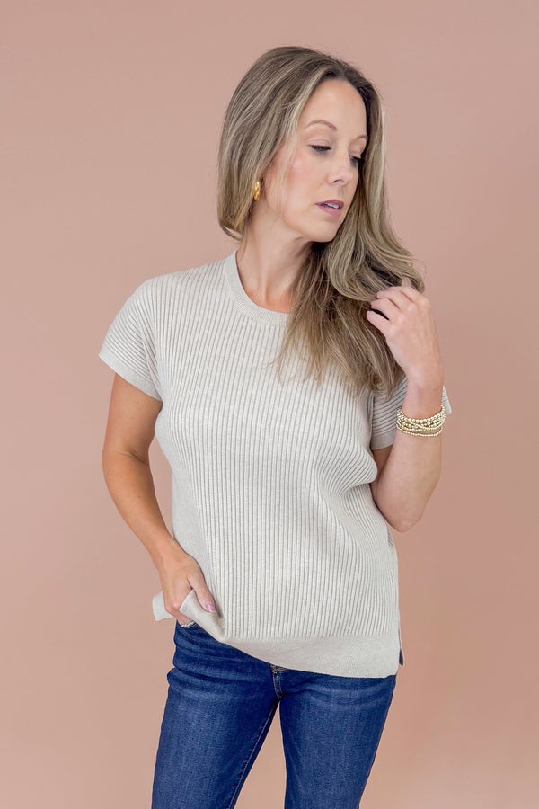 Easy Does It Taupe Ribbed Short Sleeve Sweater