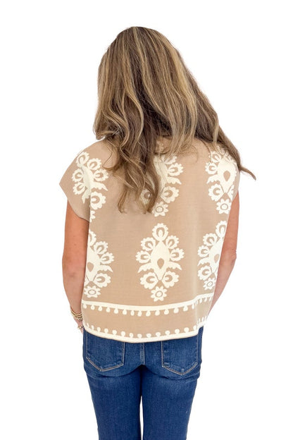 In Full Swing Taupe With Cream Patterned Sleeveless Sweater by Entro