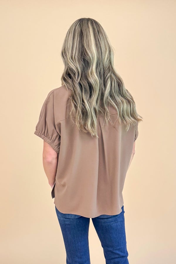 Hear Me Roar Mocha Collared V-neck Top