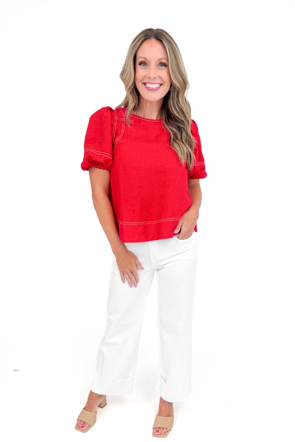 Friday Night Lights Red Stitch Detail Puff Sleeve Top by Entro