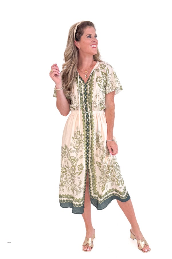 Café In Paris Cream &amp; Olive Printed Button Up Dress by Skies Are Blue