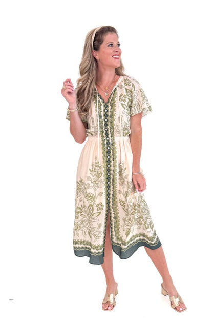 Café In Paris Cream &amp; Olive Printed Button Up Dress by Skies Are Blue
