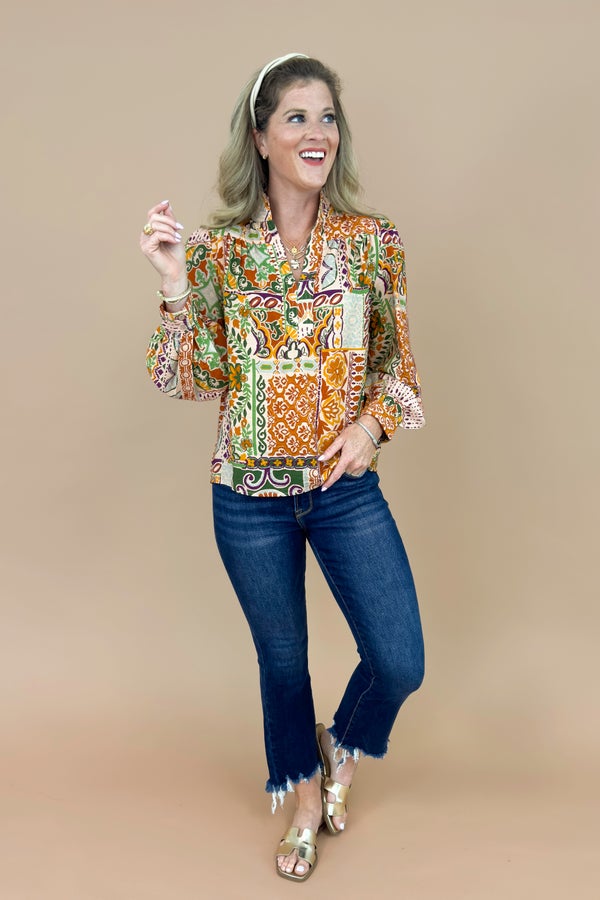 Travel Light Taupe, Rust &amp; Multi Printed V-neck Top