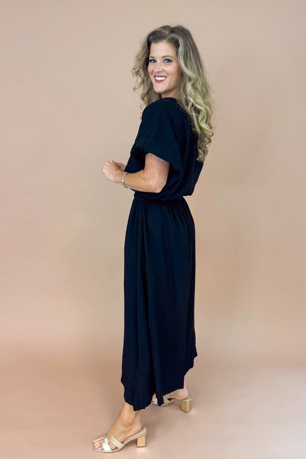 Jet Set Black Side Slit Midi Skirt by Entro