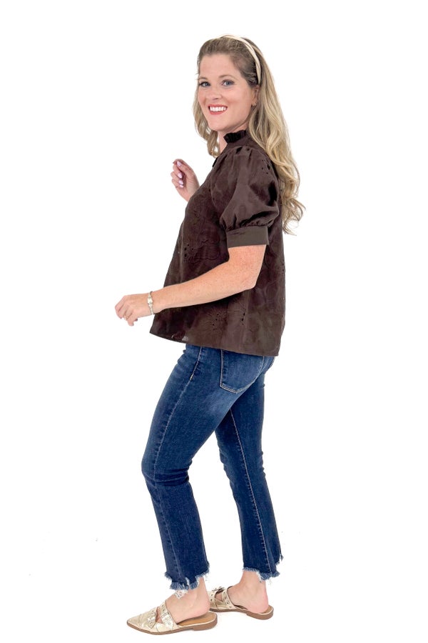 Pourover Perfection Brown Lace Puff Sleeve Top
