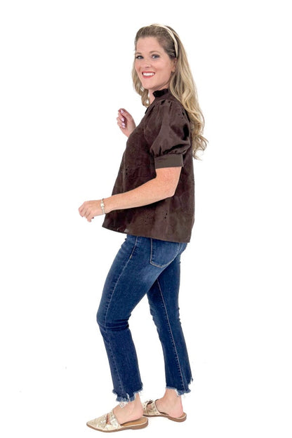 Pourover Perfection Brown Lace Puff Sleeve Top