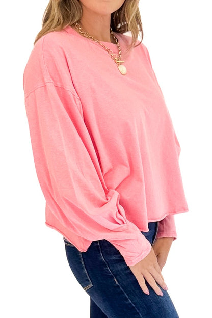 Catch Me If You Can Pink Pleat Sleeve Detail Long Sleeve Tee