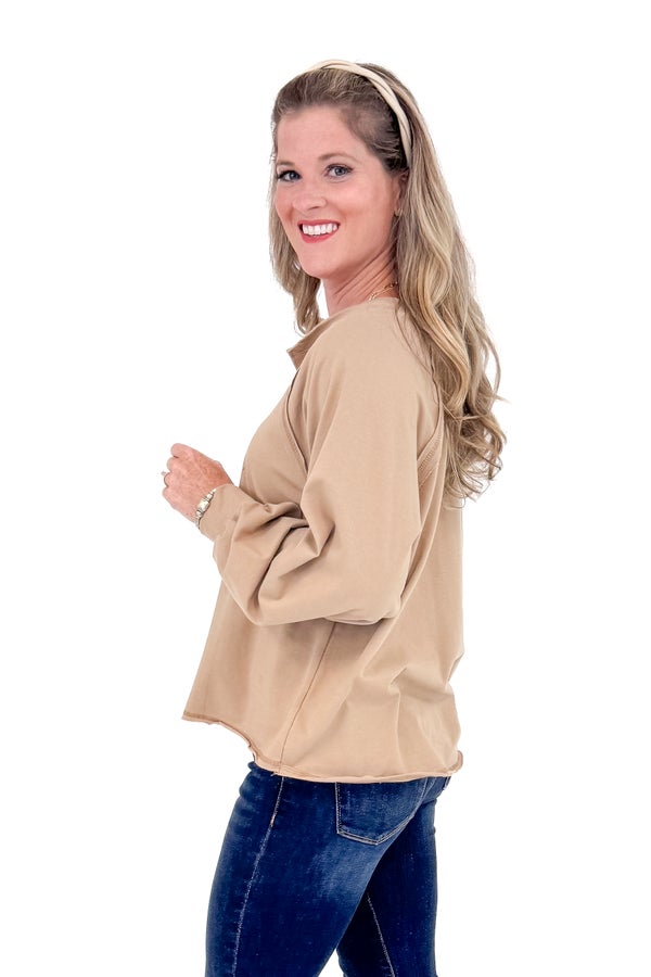TAUPE V-NECK LONG SLEEVE TOP