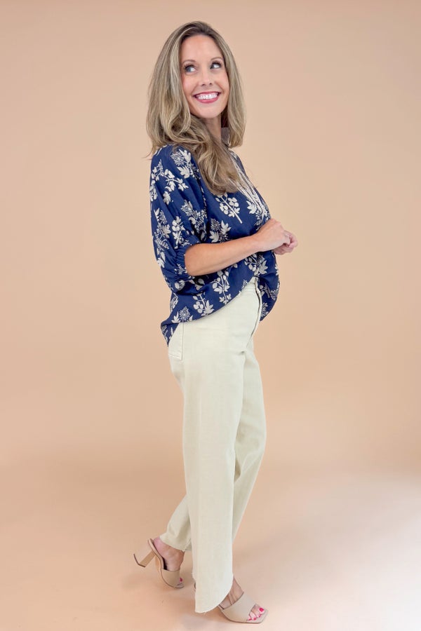 Rake It In Navy Botanical Print With Stripe Detail Top by Entro