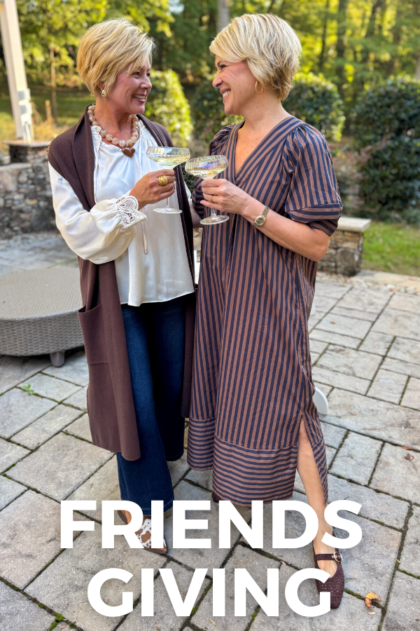 Two women standing outdoors on a stone patio, smiling and clinking glasses. One wears a white blouse with a brown vest, and the other wears a brown and navy vertically striped dress.