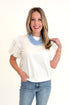 Front view of woman wearing White Ruffle Sleeve Detail Top by Fate with jeans against white studio background.