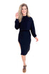 Woman wearing a black outfit with a white background