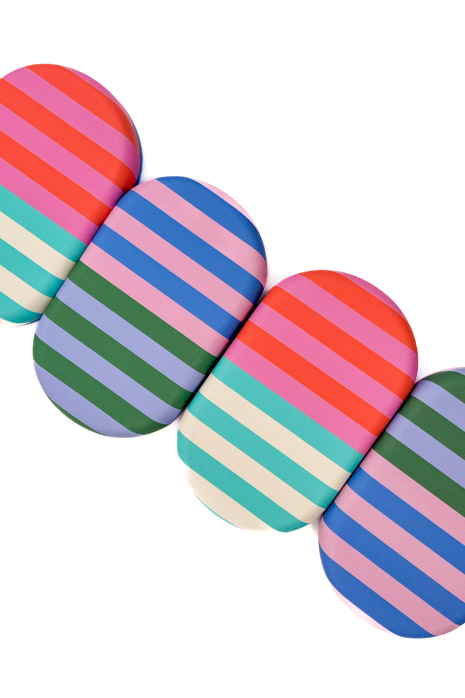 Colorful striped circular objects on a white background