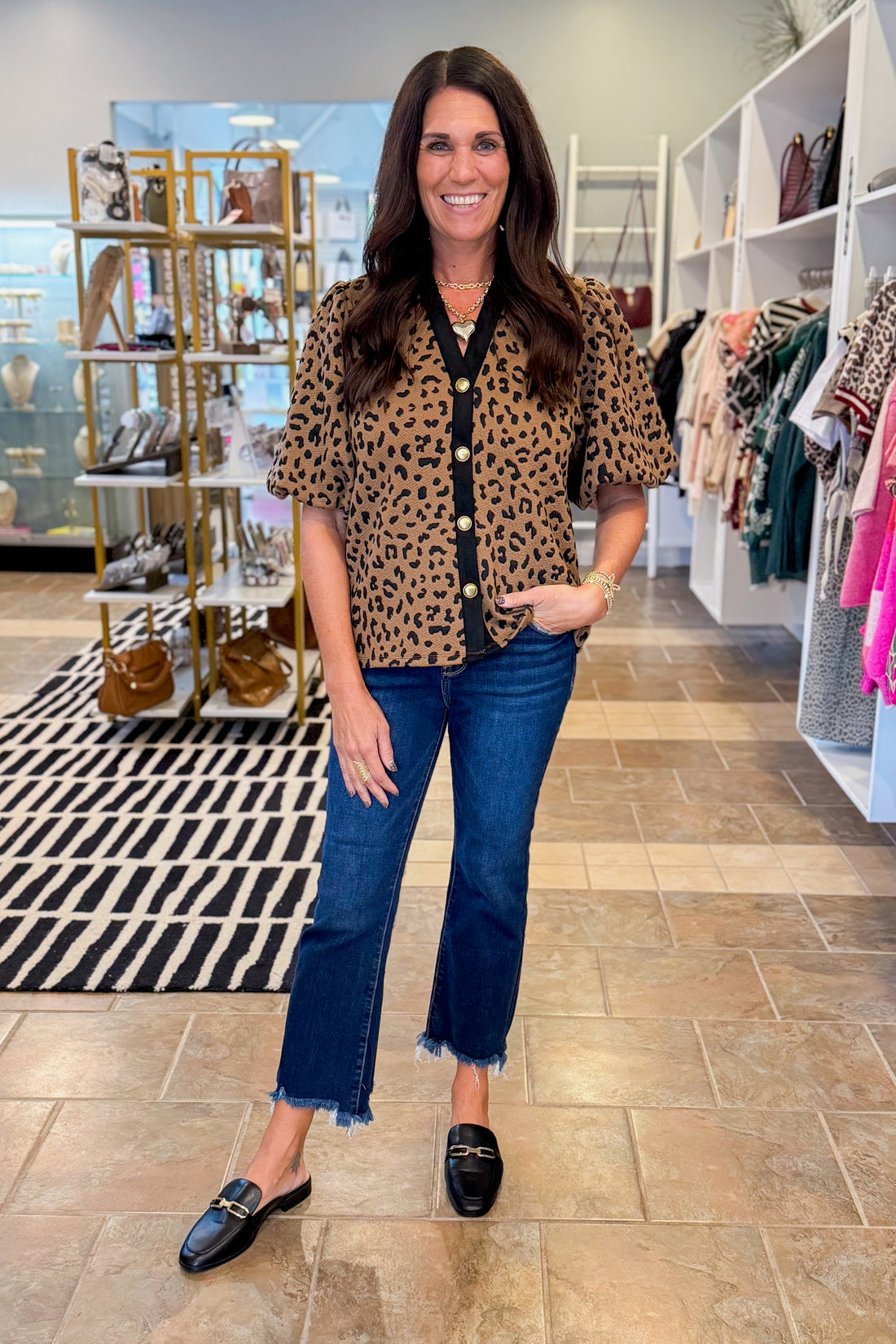 Crazy In Love Leopard Puff Sleeve Textured Top by THML