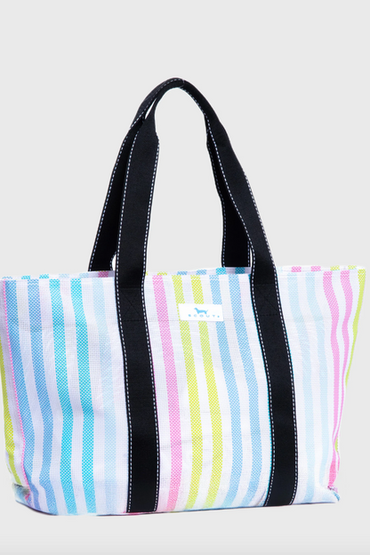 Striped tote bag with black handles on a light gray background