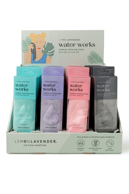 Display of Lemon Lavender water works makeup removing towels in various colors on a white background.