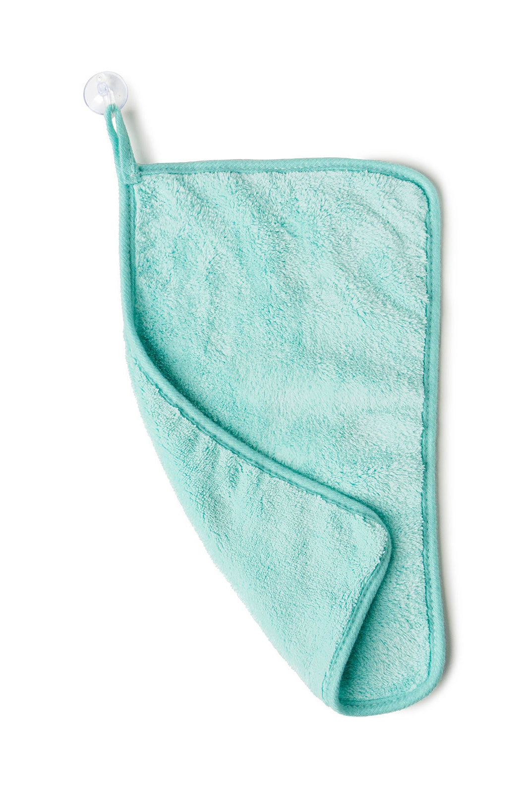 Mint green towel with a hook on a white background