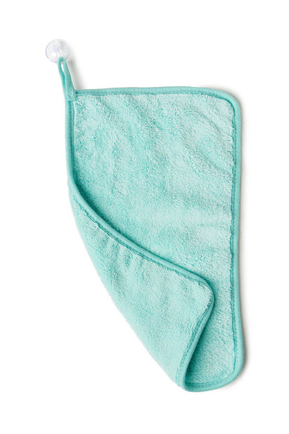 Mint green towel with a hook on a white background