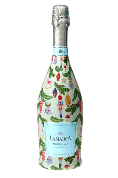 bottle of prosecco with ornament, mistletoe, and nutcracker design