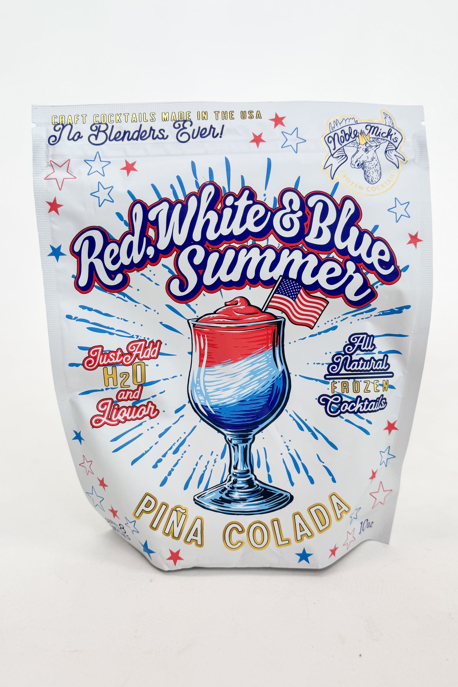 Packaging for a Pina Colada drink mix with red, white, and blue design elements.