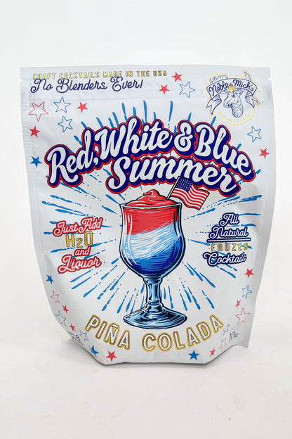 Packaging for a Pina Colada drink mix with red, white, and blue design elements.