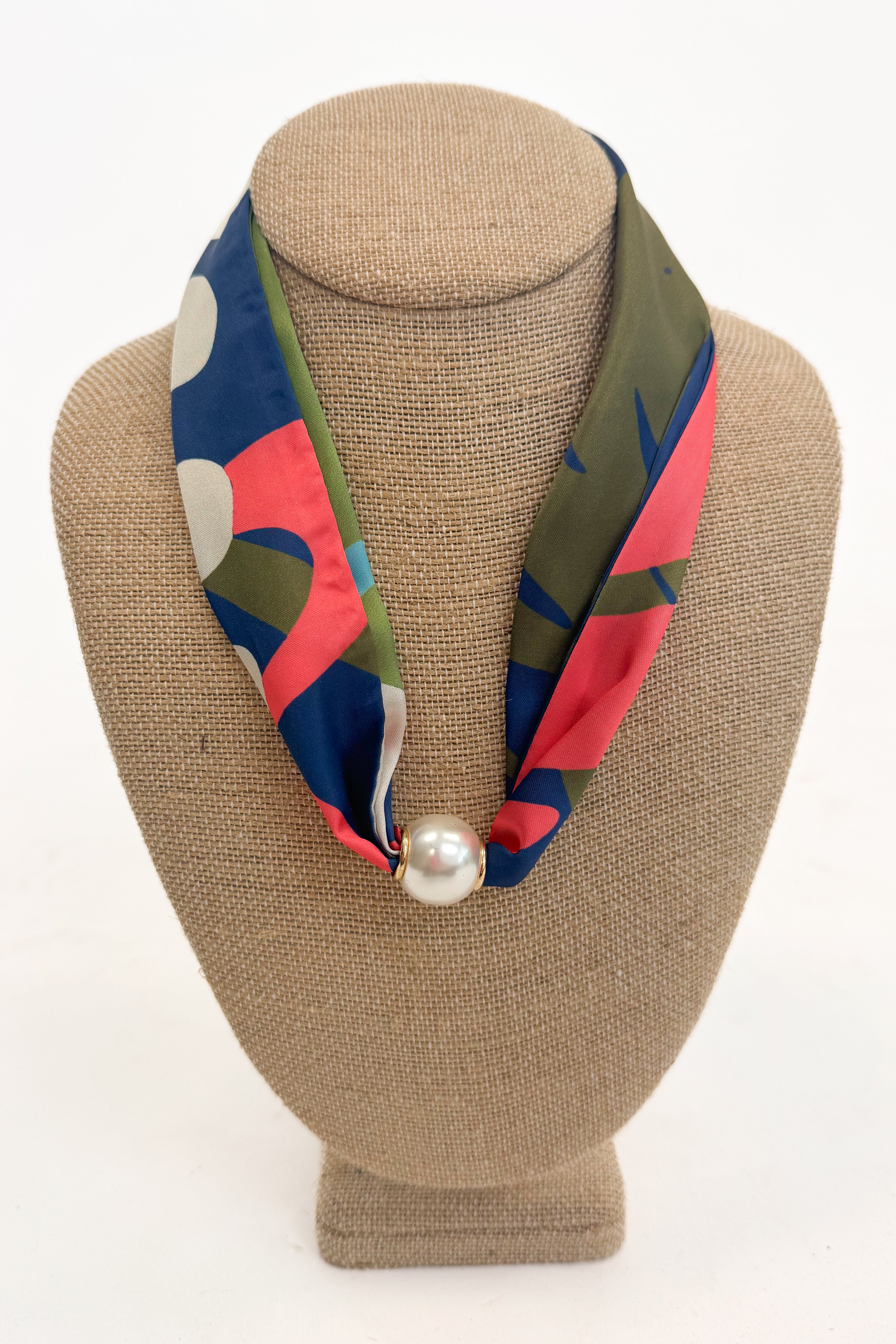 olive floral detail scarf necklace with magnetic pearl detail 