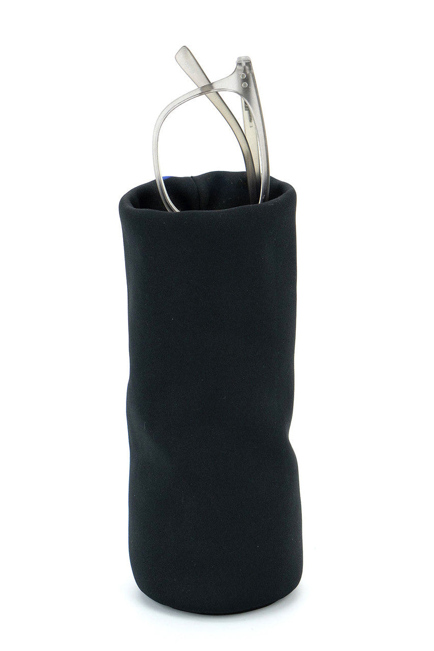 Black eyeglass case with a pair of glasses on a white background