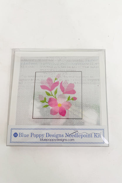 Blue Poppy Designs needlepoint kit with pink flowers on a white background