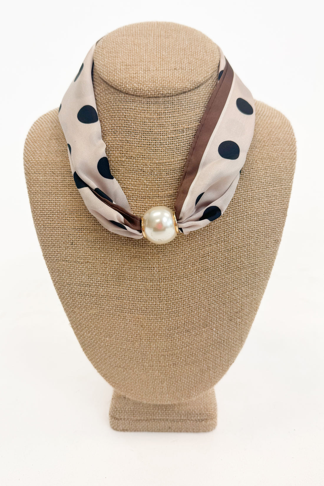 polka dot with brown lining detail scarf necklace with magnetic pearl detail 