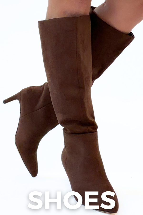 A pair of knee-high brown suede boots with pointed toes and kitten heels, shown on a model's legs against a white background with a 'SHOES' text overlay at the bottom.