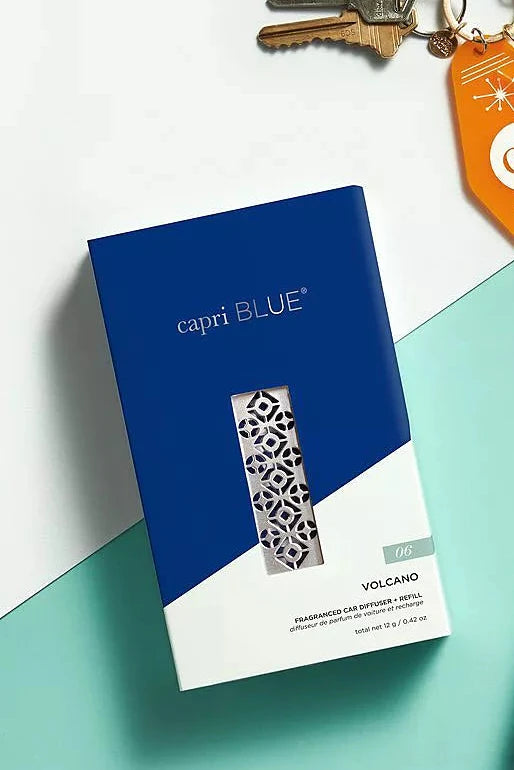 Two capri BLUE products on a light blue and white background with a keychain and decorative item.