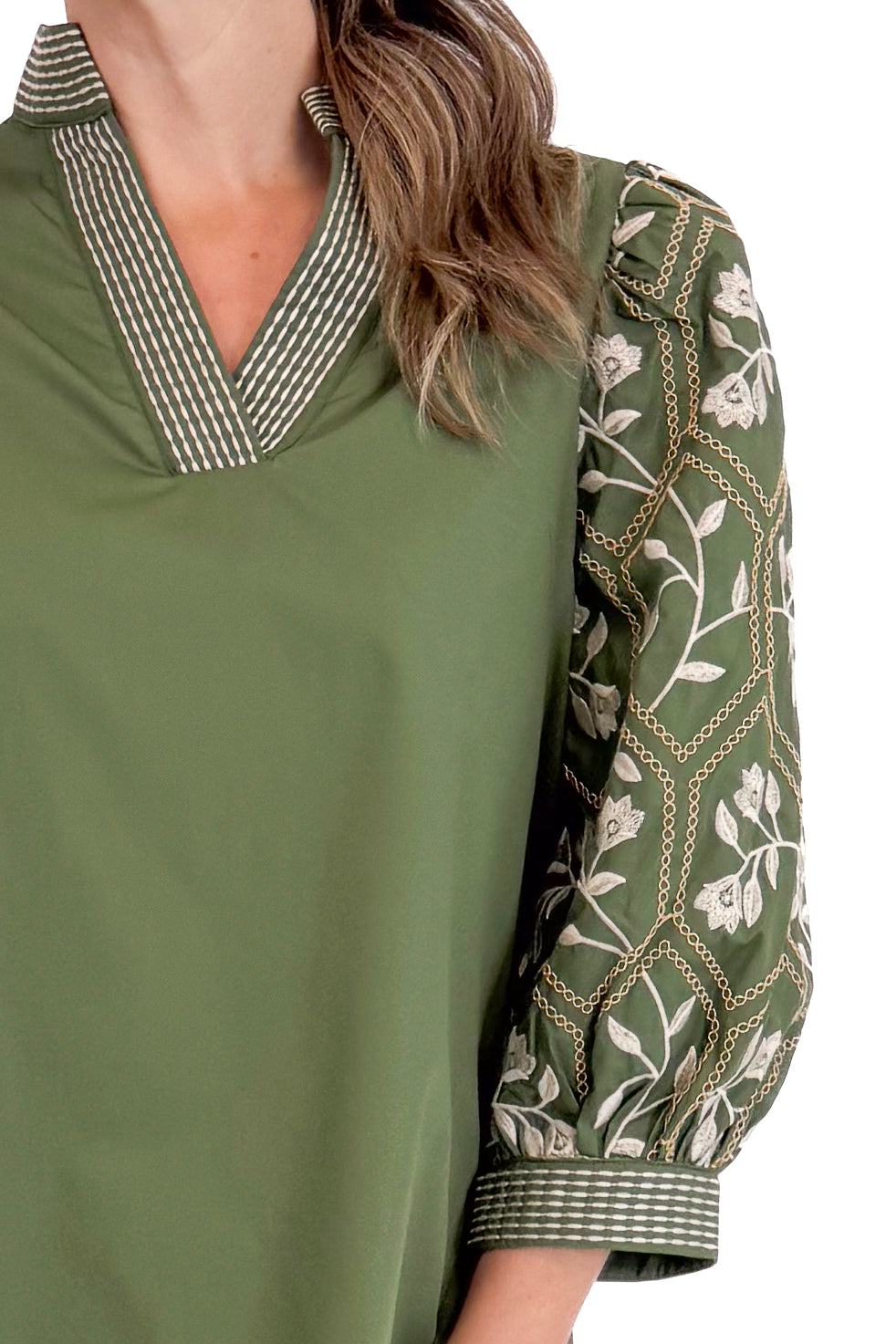True Story Olive Embroidered 3/4 Sleeve Top by Entro