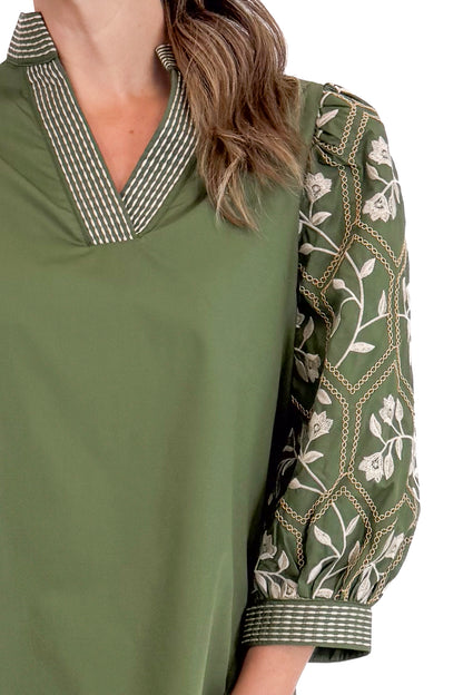 True Story Olive Embroidered 3/4 Sleeve Top by Entro