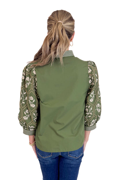 True Story Olive Embroidered 3/4 Sleeve Top by Entro