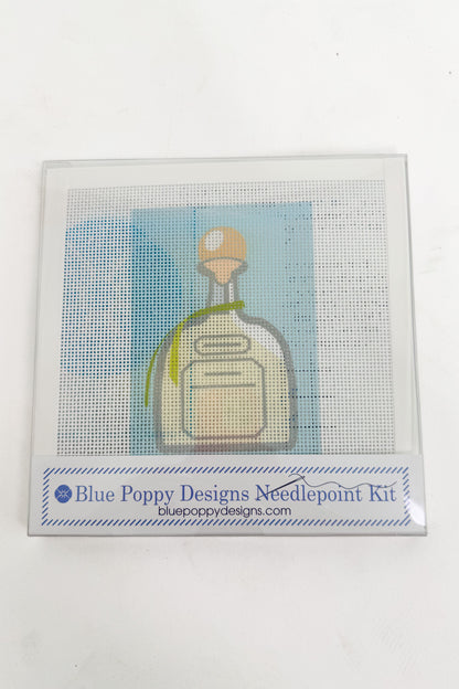 Blue Poppy Designs needlepoint kit with a bottle design on a white background