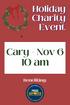 Advertisement for a holiday charity event with a wreath graphic and text on a red background.