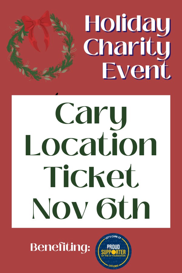 Holiday charity event ticket with wreath design and text on a red background