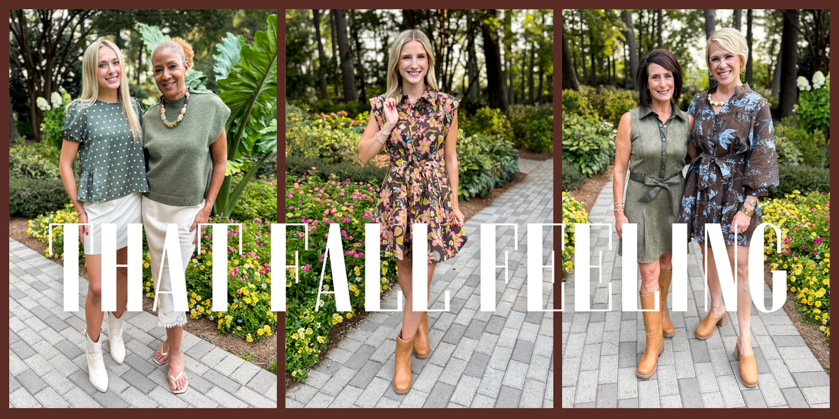 A three-panel collage of women standing outdoors on a paved garden path, wearing coordinated fall outfits. Large white text across the center reads 'THAT FALL FEELING.