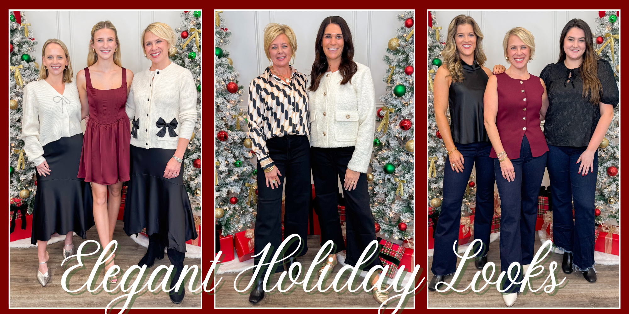 Three side-by-side images of women in formal attire with a Christmas tree background, labeled 'Elegant Holiday Looks'.