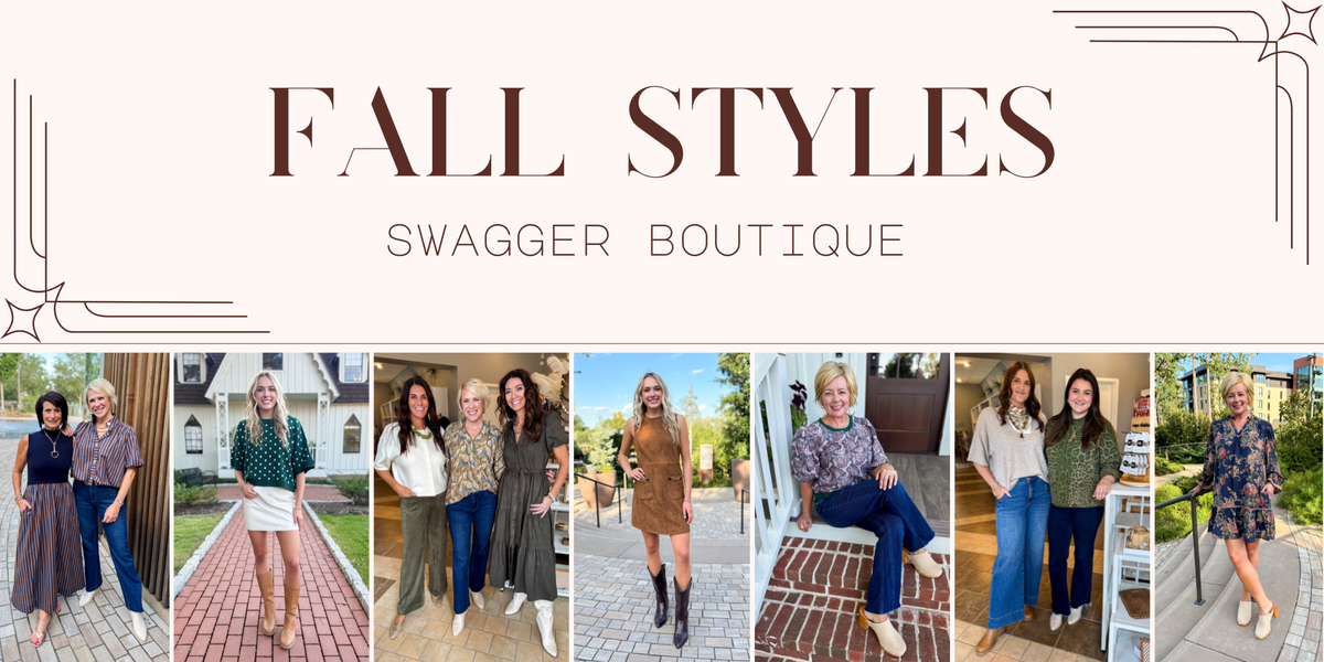 A promotional banner for 'FALL STYLES SWAGGER BOUTIQUE' featuring a large cream-colored header with elegant typography and a row of eight vertical photos below showing women modeling different outfits outdoors and in front of houses.